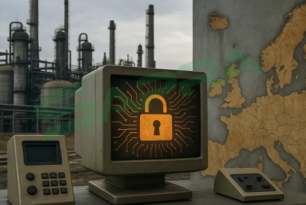 .Legacy Industrial Equipment with Warning Signs and OT Security Icons